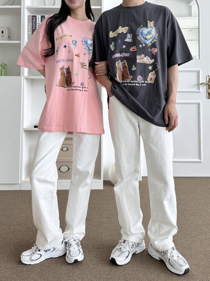 [Unisex] TSP - 15 Sticker Cat Couple Short Sleeve T-shirt