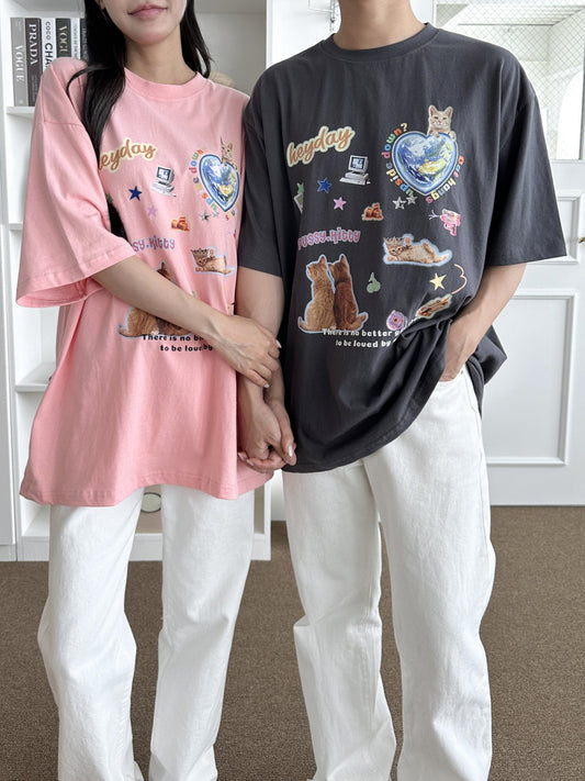 [Unisex] TSP - 15 Sticker Cat Couple Short Sleeve T-shirt